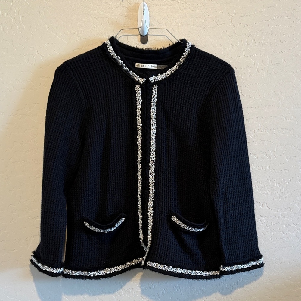 Alice + Olivia Black Knit Open-Front Jacket with Contrast Trim
